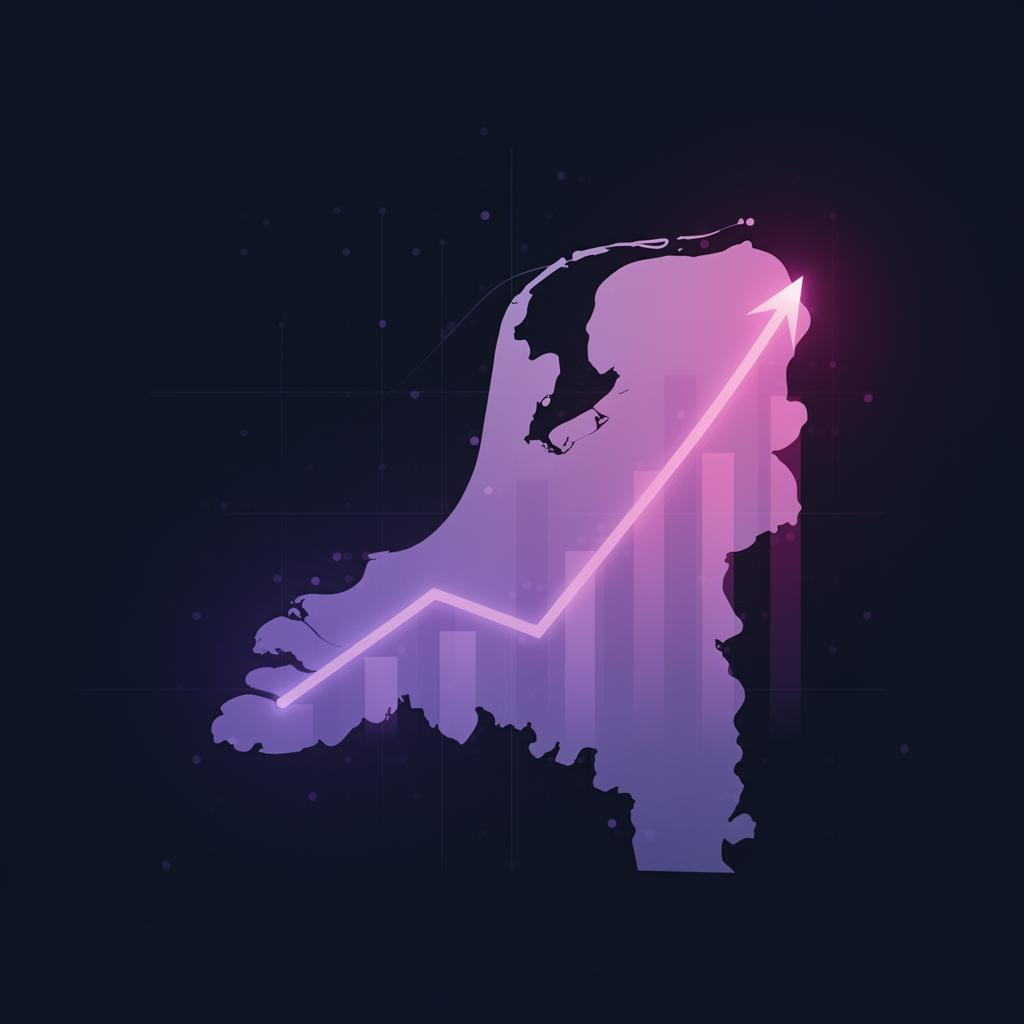Stilistische kaart van Nederland met opwaartse grafiek in paarse en magenta tinten, ter illustratie van groei in de Nederlandse online kansspelmarkt